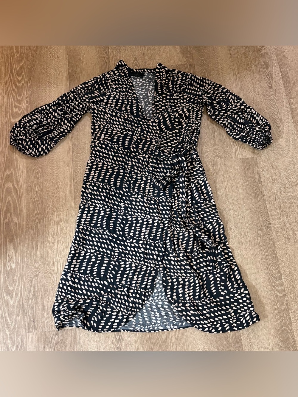 Black Wrap Midi Dress with Cream Dot Print - Women's V‑Neck Tie Waist